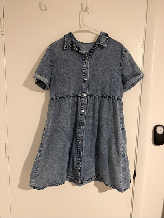 Dresses & Skirts - Acid Wash Denim Babydoll Shirt Dress Button Front Tiered Mini Dress M
